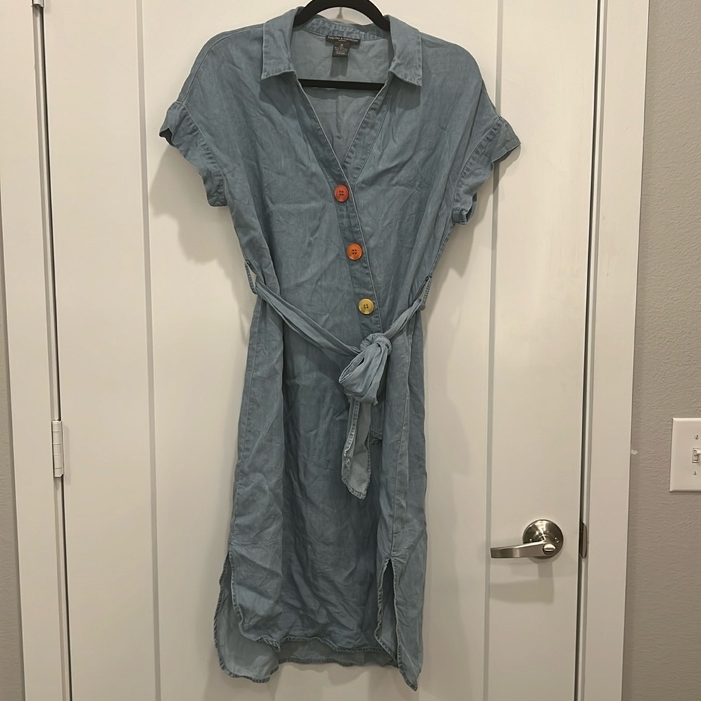 Denim teacher dress with colorful buttons. Size medium. Never worn!